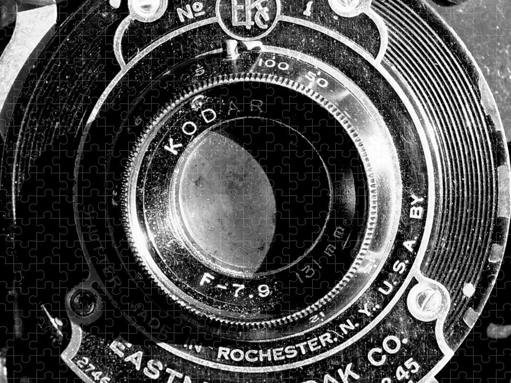 Camera Lens Rochester Aperture Vintage Black & White Film Photography Eastman Kodak Folding Brownie Jigsaw Puzzle featuring the photograph Kodak Brownie 2 by Guy Pettingell