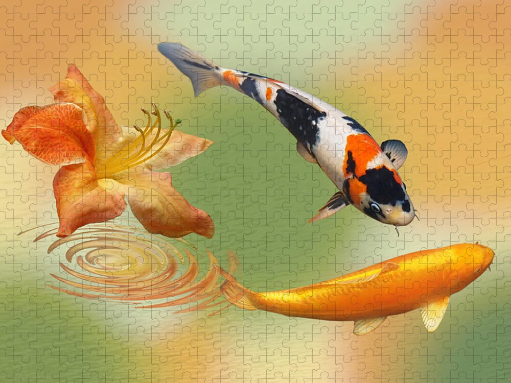 Fish Jigsaw Puzzle featuring the photograph Koi With Azalea Ripples Dreamscape by Gill Billington