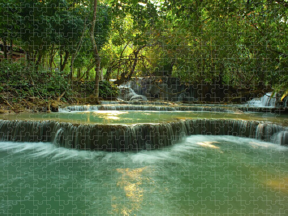 Tranquility Jigsaw Puzzle featuring the photograph Kuang Si Waterfalls by Kooi Cia