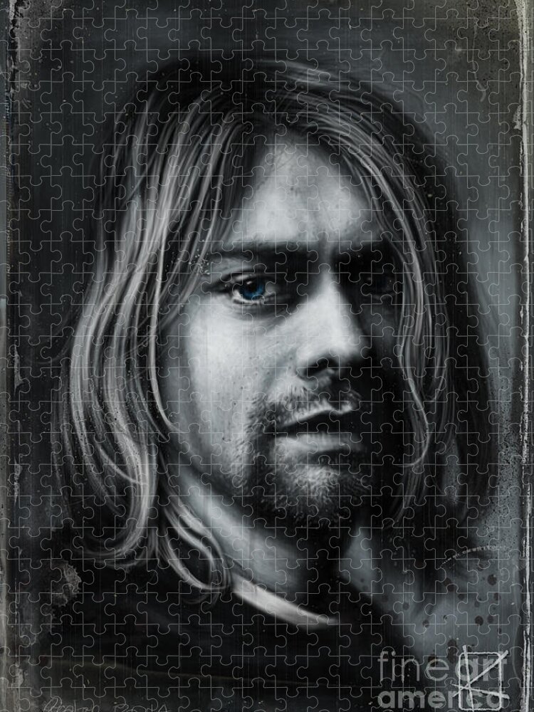 Music Jigsaw Puzzle featuring the drawing Kurt Cobain by Andre Koekemoer