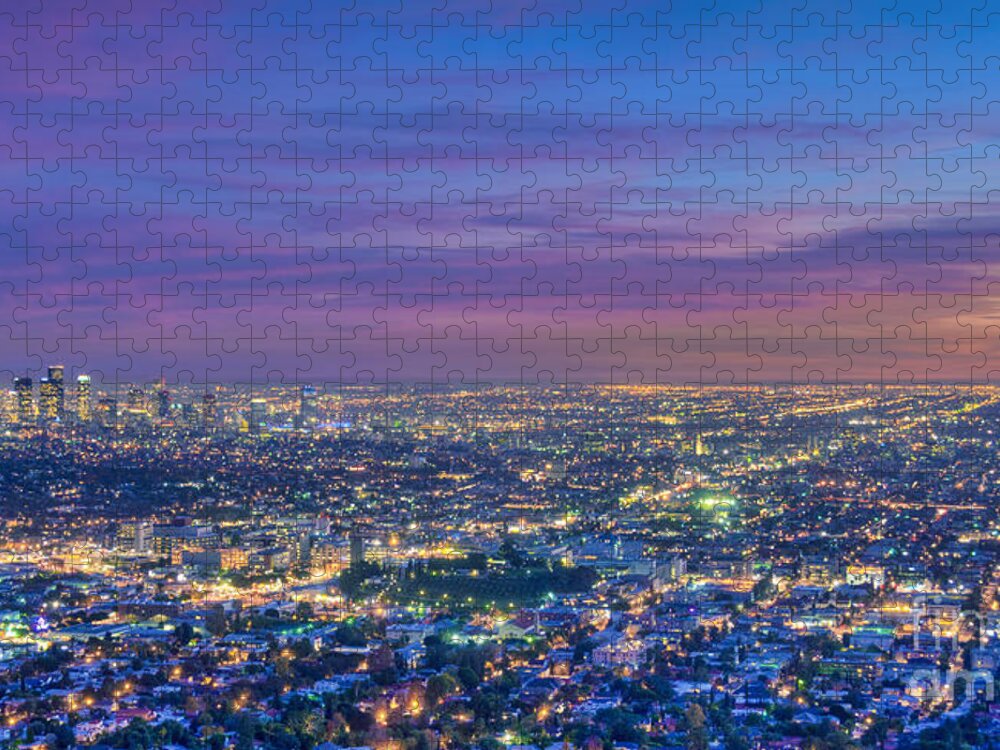 La Jigsaw Puzzle featuring the photograph LA Fiery Sunset Cityscape Skyline by David Zanzinger