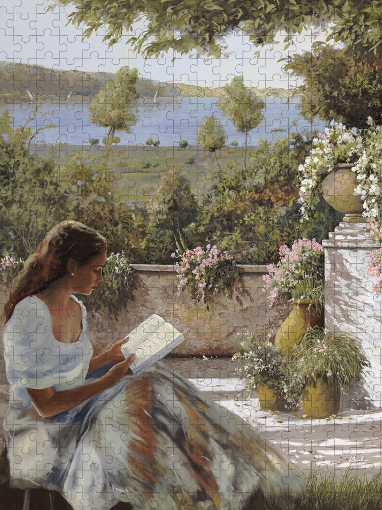 Read Jigsaw Puzzle featuring the painting La Lettura All'ombra by Guido Borelli