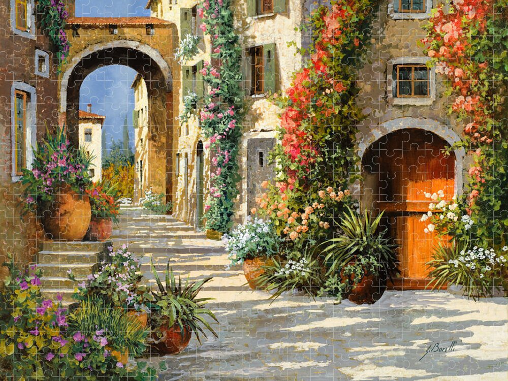 Landscape Puzzle featuring the painting La Porta Rossa Sulla Salita by Guido Borelli
