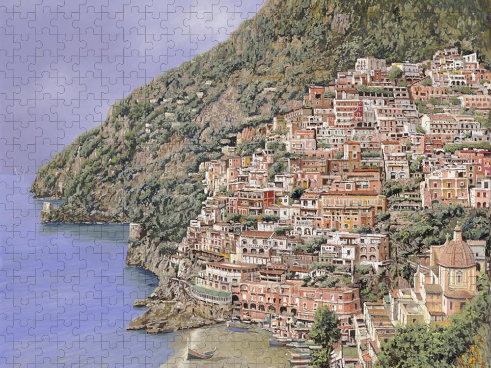 Positano Jigsaw Puzzle featuring the painting la spiaggia di Positano by Guido Borelli