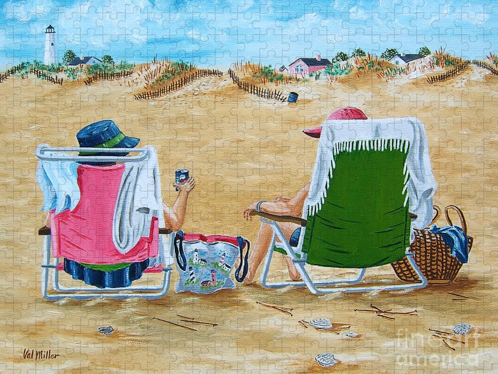 Beach Jigsaw Puzzle featuring the painting Ladies on the Beach by Val Miller
