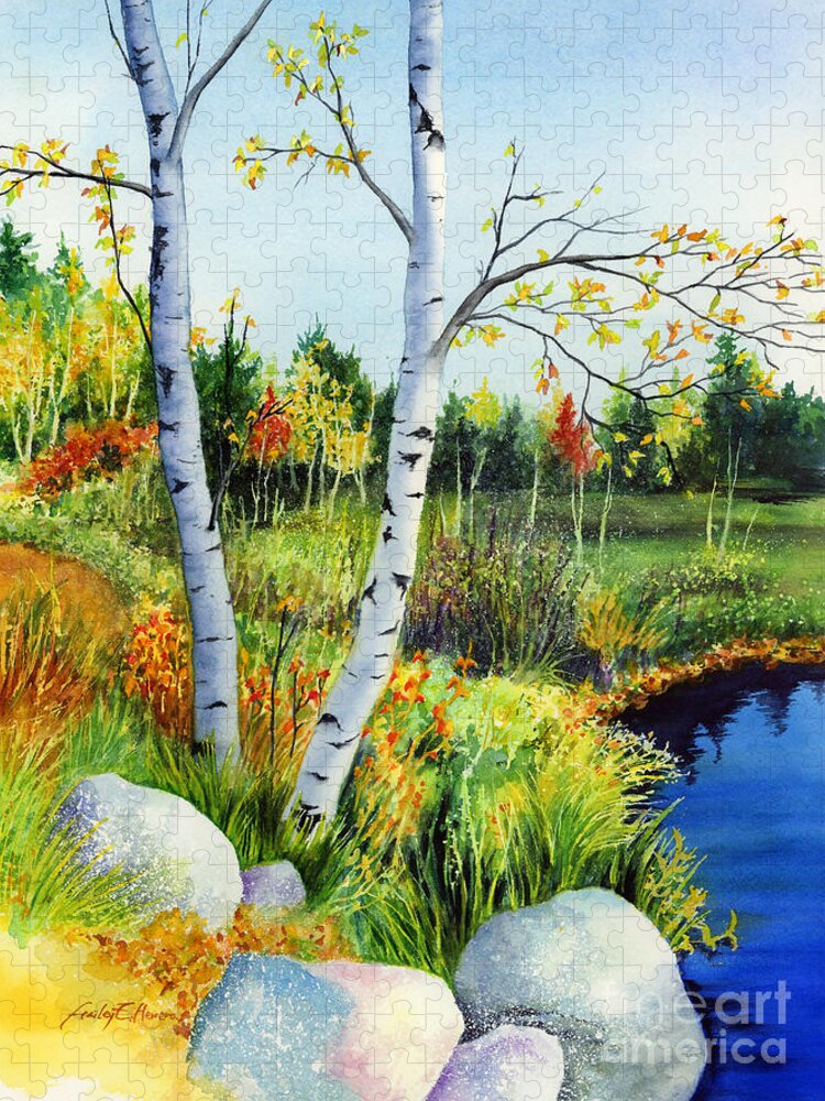 Birches Jigsaw Puzzle featuring the painting Lakeside Birches by Hailey E Herrera
