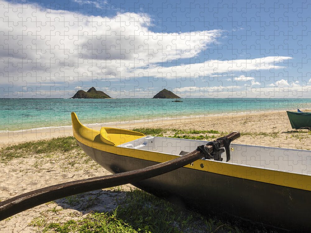 Lanikai Kailua Oahu Hawaii Beach Park Outrigger Canoe Boat Seascape Jigsaw Puzzle featuring the photograph Lanikai Beach Outrigger 1 - Oahu Hawaii by Brian Harig