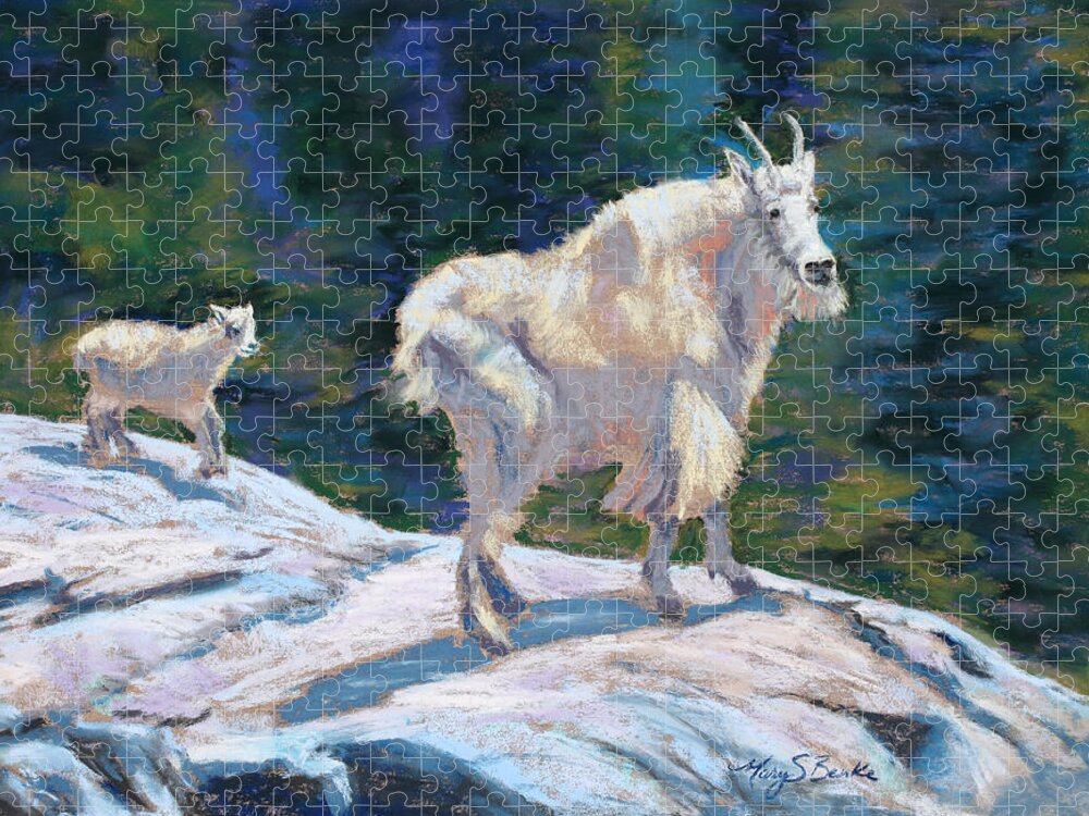 Mountain Goats Jigsaw Puzzle featuring the painting Learning to Walk on the Edge by Mary Benke
