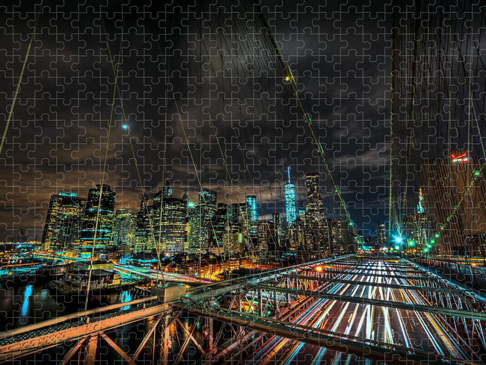 City Jigsaw Puzzle featuring the photograph Leaving New York City via the Brooklyn Bridge by David Morefield