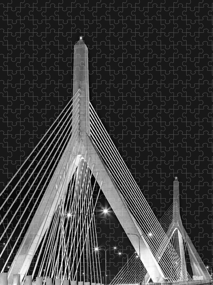 Zakim Jigsaw Puzzle featuring the photograph Leonard P. Zakim Bunker Hill Memorial Bridge BW II by Susan Candelario