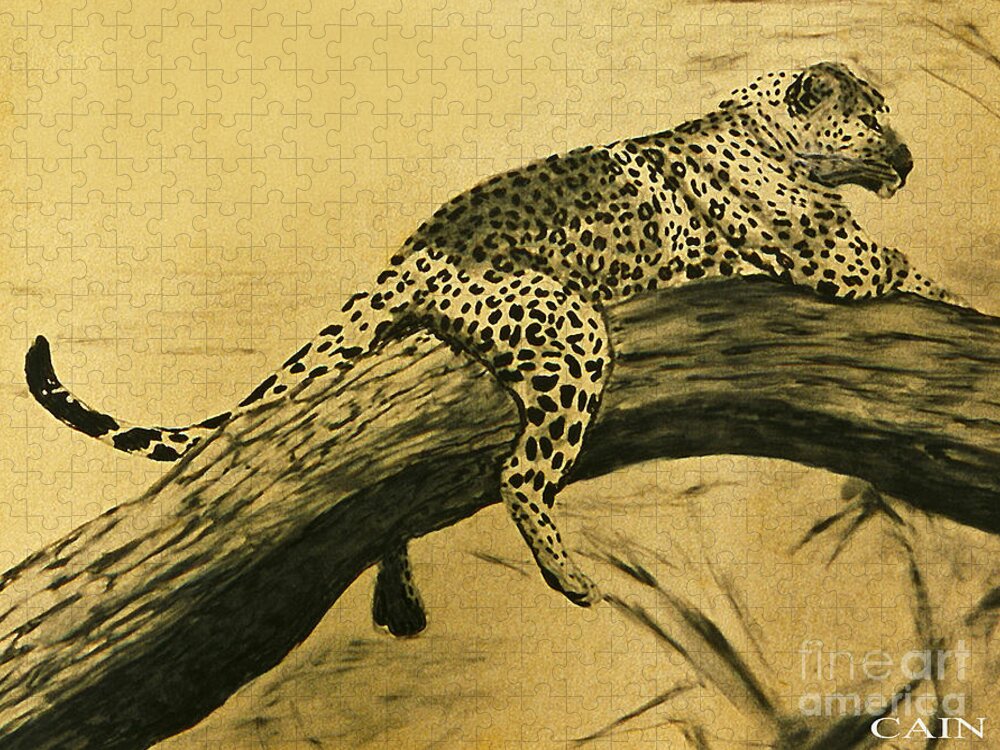 Africa.leopard Jigsaw Puzzle featuring the painting Leopard in Tree Art Print by William Cain