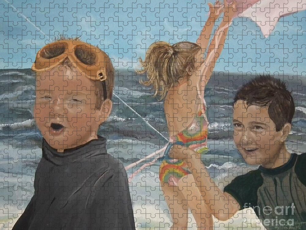 Portrait Jigsaw Puzzle featuring the painting Beach - Children playing - kite by Jan Dappen