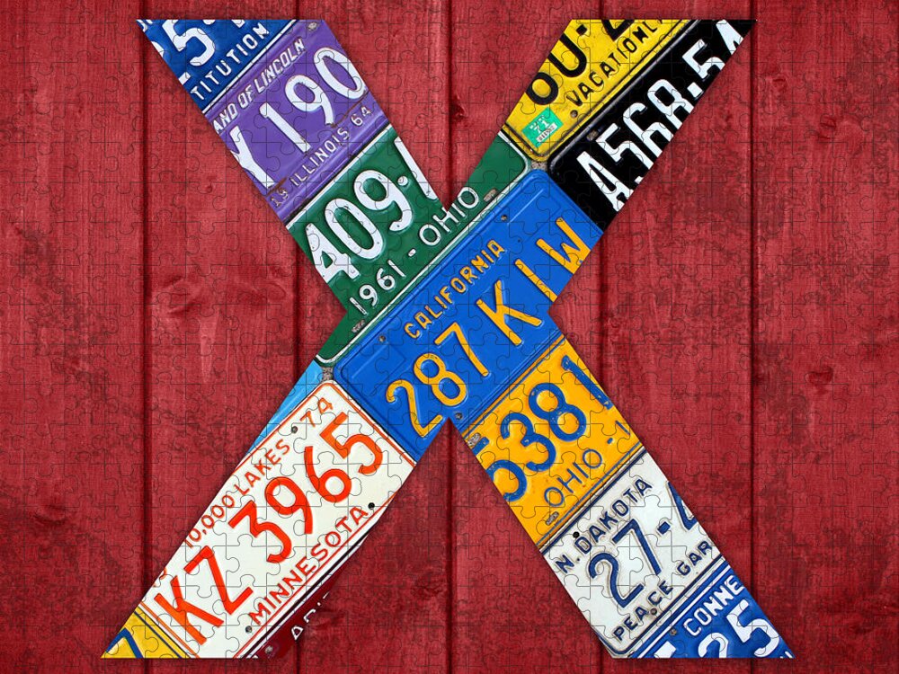 Letter Jigsaw Puzzle featuring the mixed media Letter X Alphabet Vintage License Plate Art by Design Turnpike