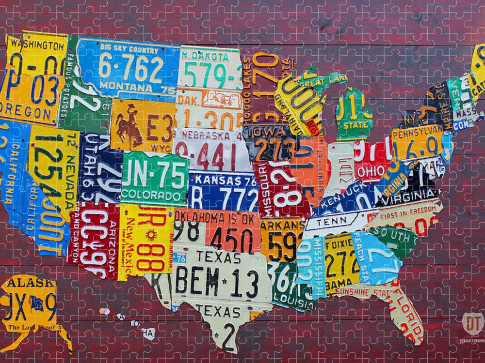 Art Jigsaw Puzzle featuring the mixed media License Plate Map of The United States by Design Turnpike