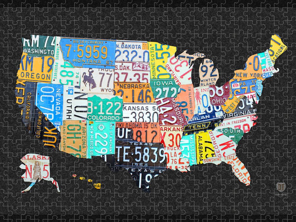 License Plate Map of the United States on Gray Felt with Black Box Frame  Edition 14 Jigsaw Puzzle