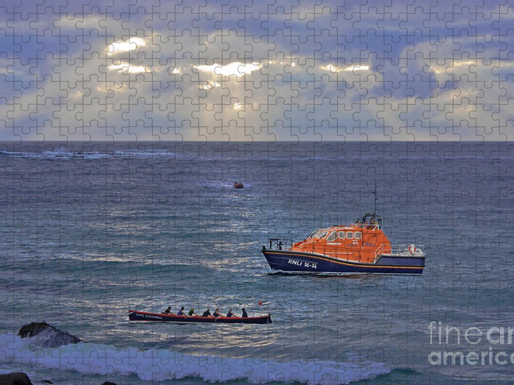 Sennen Cove Jigsaw Puzzle featuring the photograph Lifeboats and a Gig by Terri Waters