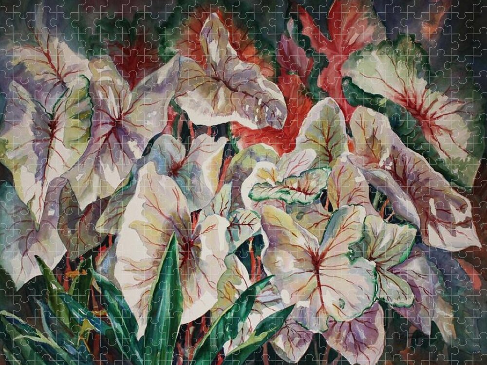 Caladium Jigsaw Puzzle featuring the painting Light Play Caladiums by Roxanne Tobaison