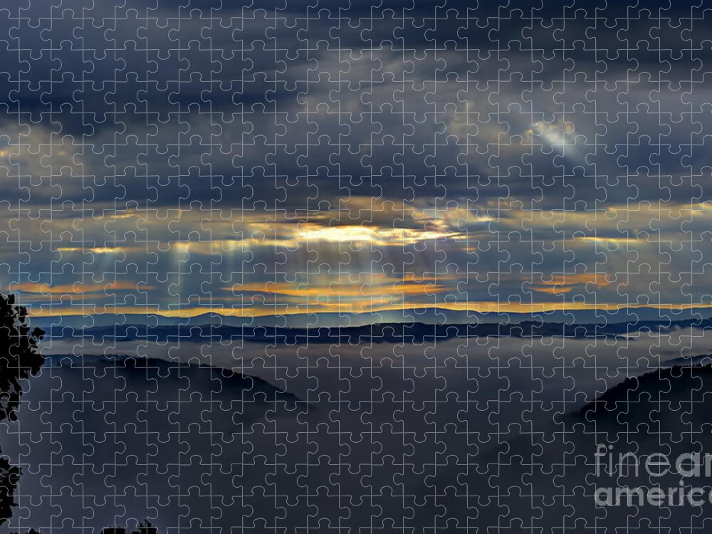 Clouds Jigsaw Puzzle featuring the photograph Light streaming through clouds on foggy morning by Dan Friend