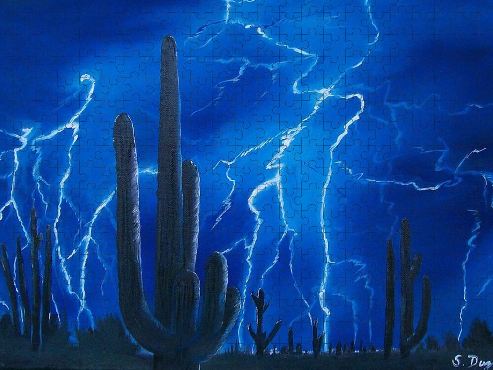 Desert Jigsaw Puzzle featuring the painting Lightning over the Sonoran by Sharon Duguay