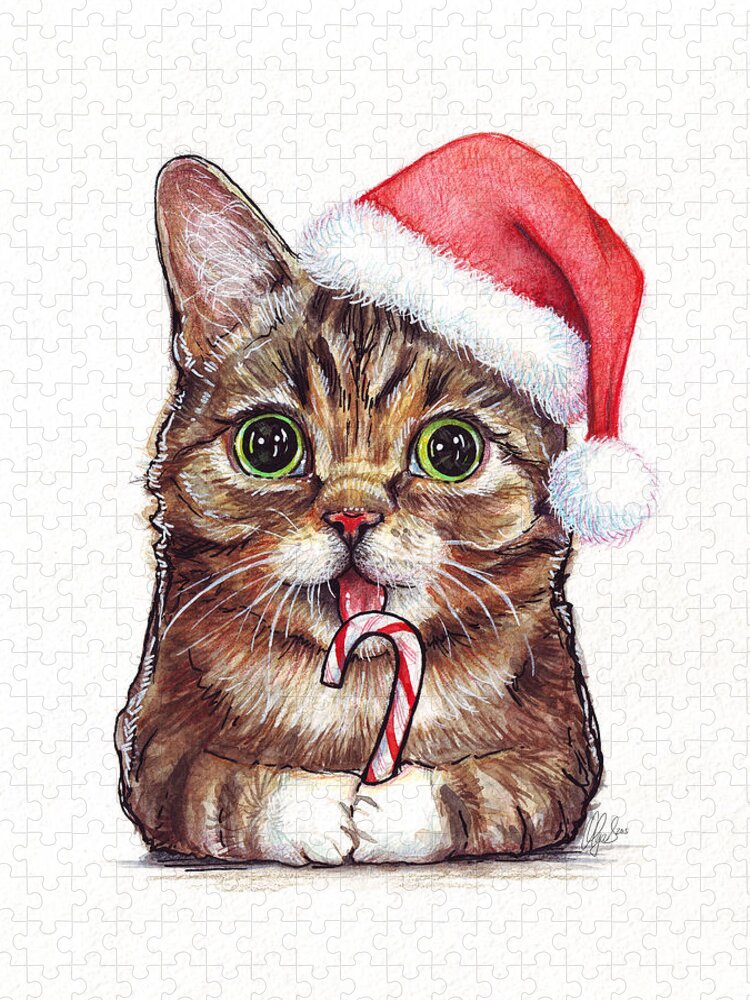 Lil Bub Jigsaw Puzzle featuring the painting Cat Santa Christmas Animal by Olga Shvartsur