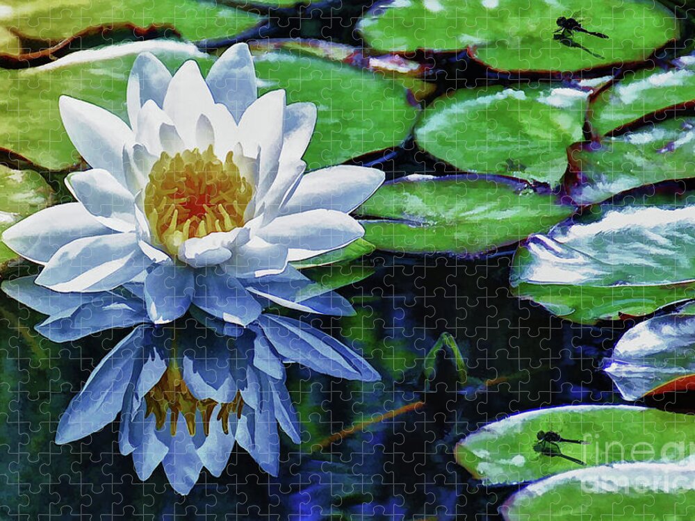 Pond Jigsaw Puzzle featuring the painting Lily and Dragon Flies by Elaine Manley