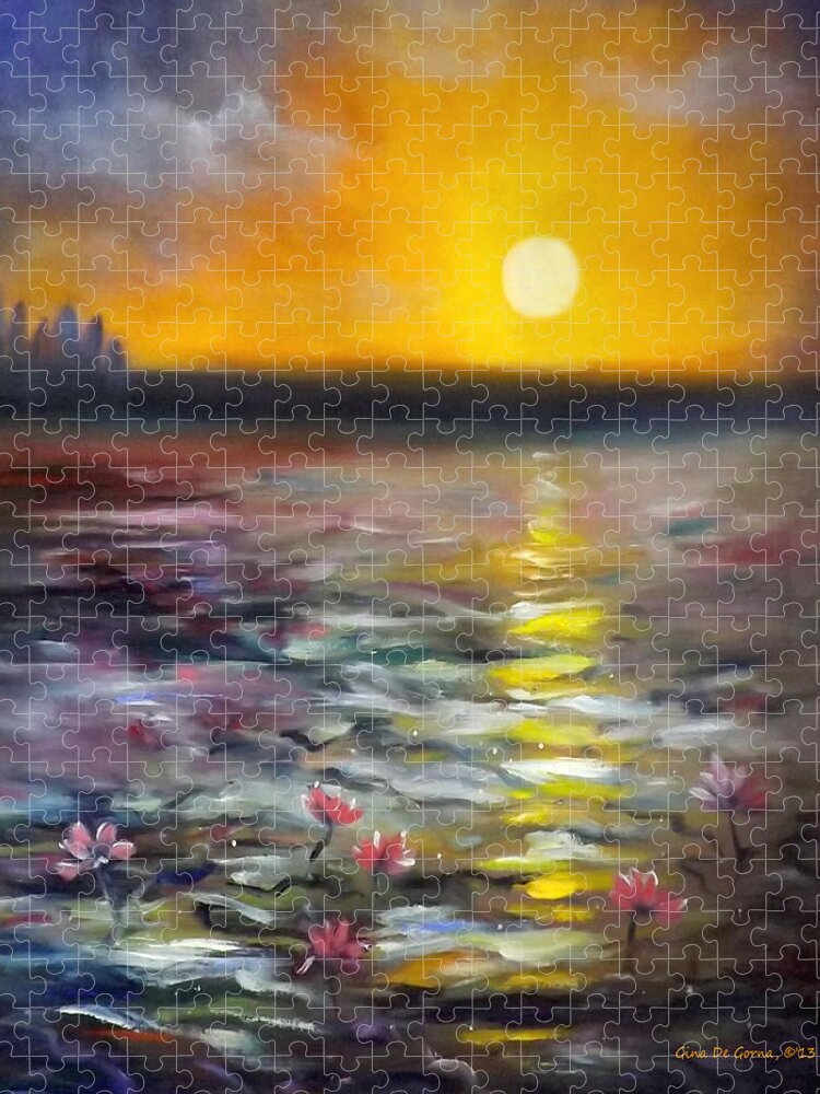 Sunset Jigsaw Puzzle featuring the painting Lily Sunset 3 by Gina De Gorna