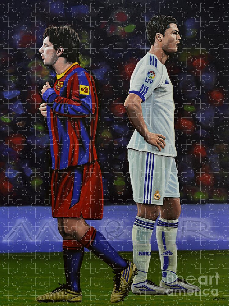 Lionel Messi Puzzle featuring the painting Lionel Messi and Cristiano Ronaldo by Paul Meijering