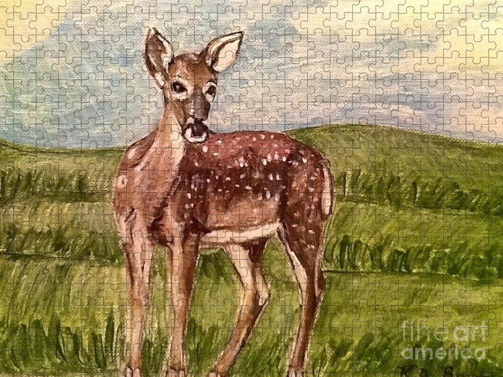 Nature Scene Doe Female Deer Deer Painting Spiritual Message Golden Brown And Chestnut Brown With White Spots Green Rolling Hills With Grass Soft Blue Skies Soft Sunlight Pastel Colors Acrylic Painting Jigsaw Puzzle featuring the painting Listening to the Creator's Voice by Kimberlee Baxter