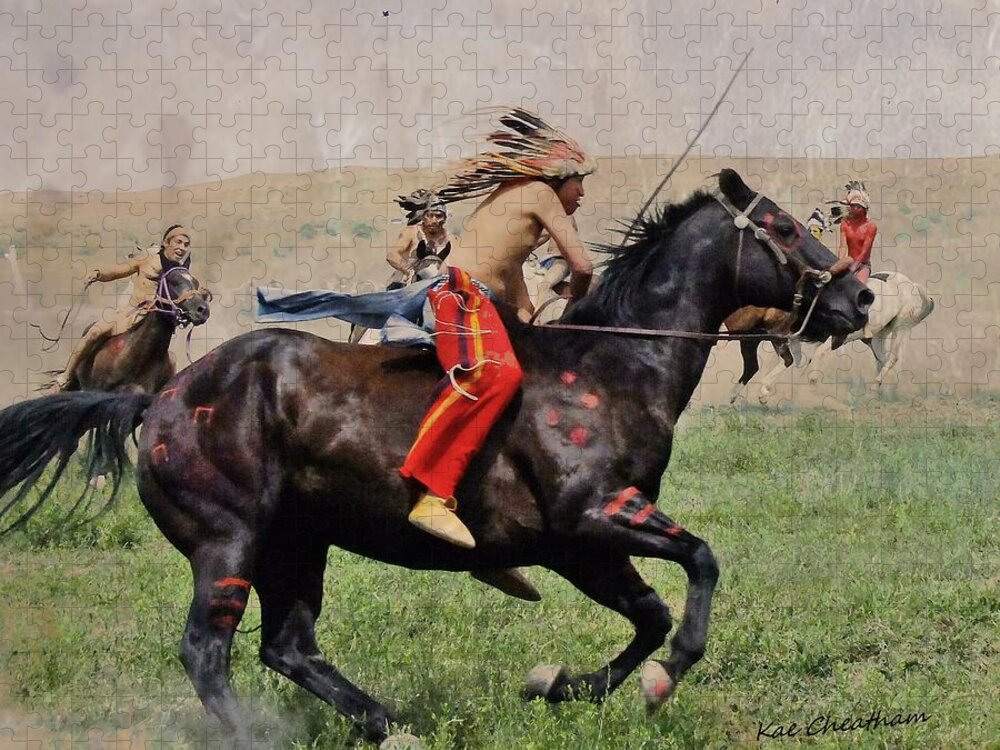 American Indian Jigsaw Puzzle featuring the mixed media Little BigHorn Reenactment 1 by Kae Cheatham