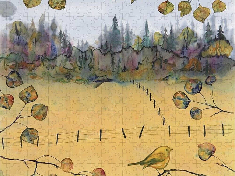 Bird Jigsaw Puzzle featuring the tapestry - textile Little Bird and Fence by Carolyn Doe
