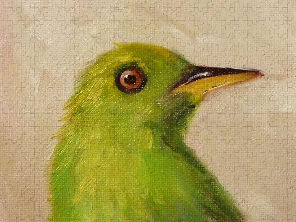 Bird Portrait Jigsaw Puzzle featuring the painting Little Green Bird by Nancy Merkle