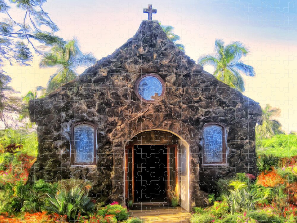 Lava Rock Jigsaw Puzzle featuring the painting Little Lava Rock Church Kauai by Dominic Piperata