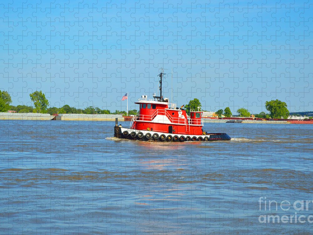 Boat Jigsaw Puzzle featuring the photograph Little Red Boat on the Mighty Mississippi by Alys Caviness-Gober