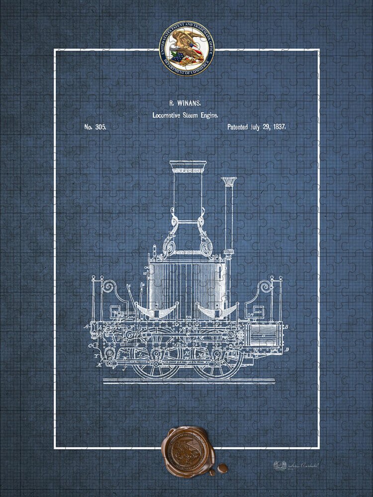 C7 Vintage Patents And Blueprints Jigsaw Puzzle featuring the digital art Locomotive Steam Engine Vintage Patent Blueprint by Serge Averbukh