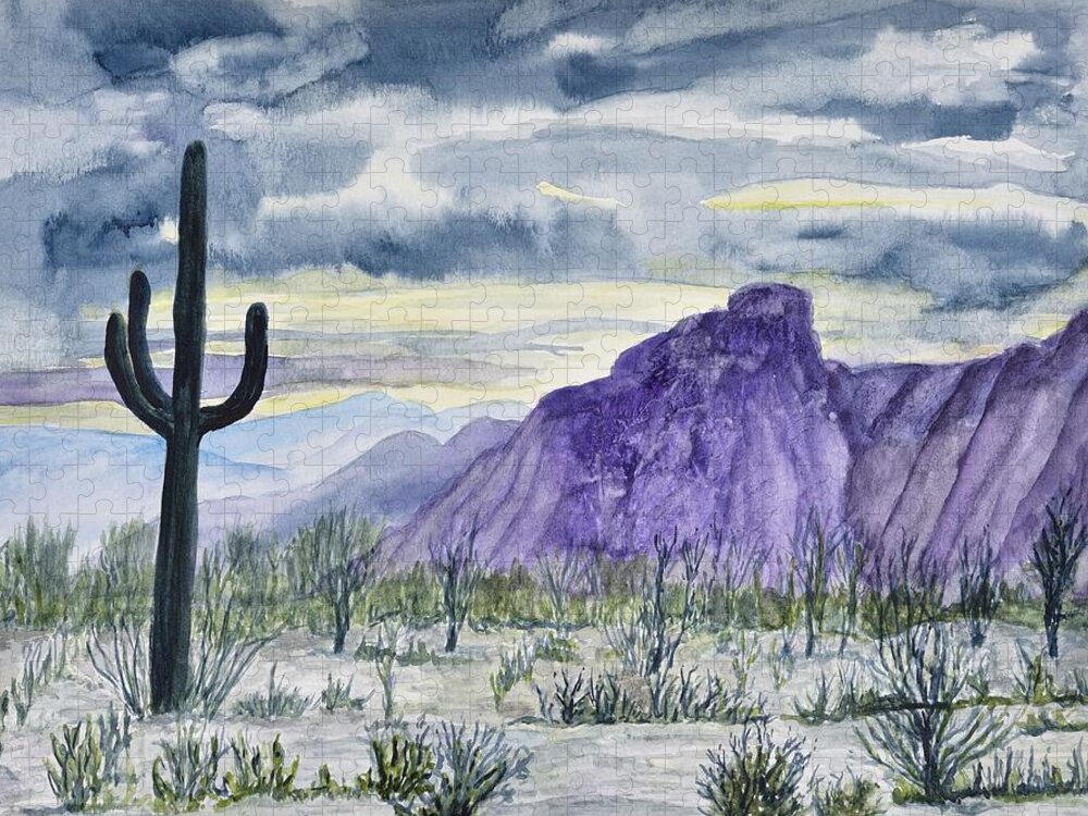 Linda Brody Jigsaw Puzzle featuring the painting Lone Saguaro by Linda Brody