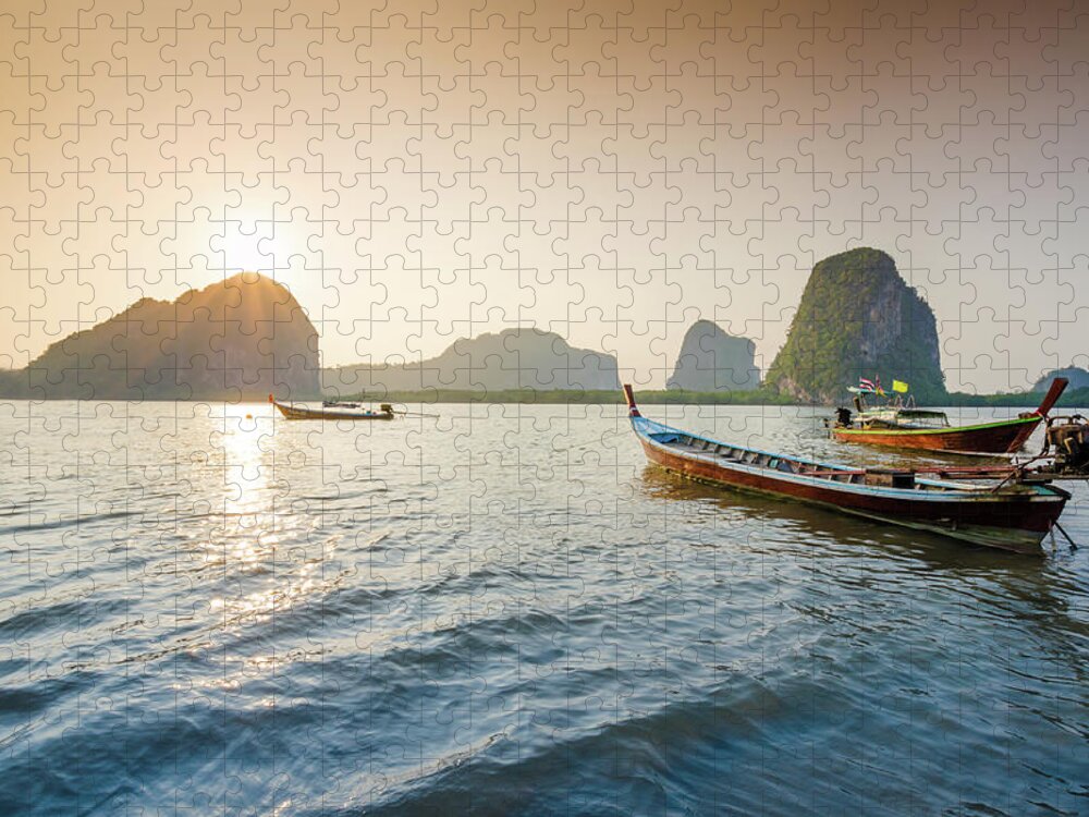 Water's Edge Jigsaw Puzzle featuring the photograph Long Tail Boat In The Beautiful Beach by Primeimages