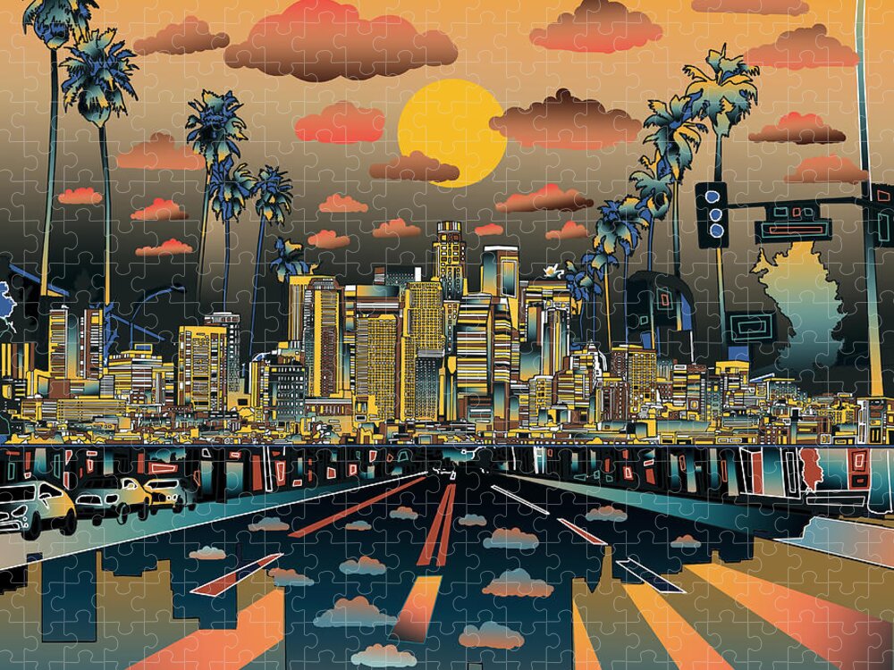Los Angeles Jigsaw Puzzle featuring the painting Los Angeles Skyline Abstract 2 by Bekim M