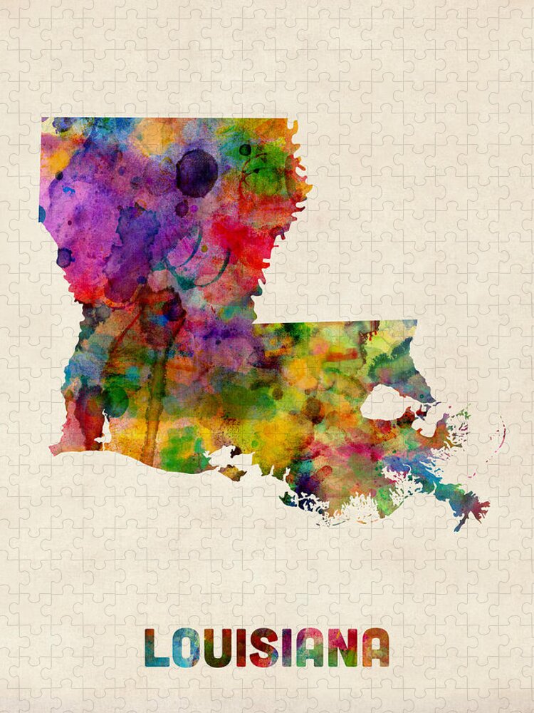 United States Map Jigsaw Puzzle featuring the digital art Louisiana Watercolor Map by Michael Tompsett