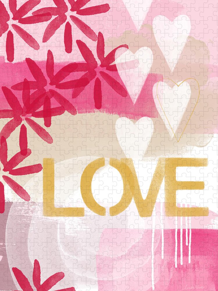 Love Jigsaw Puzzle featuring the painting Love in Pink and Gold by Linda Woods
