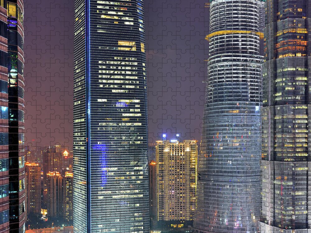 Chinese Culture Jigsaw Puzzle featuring the photograph Lujiazui Skyscrapers At Night by Wei Fang