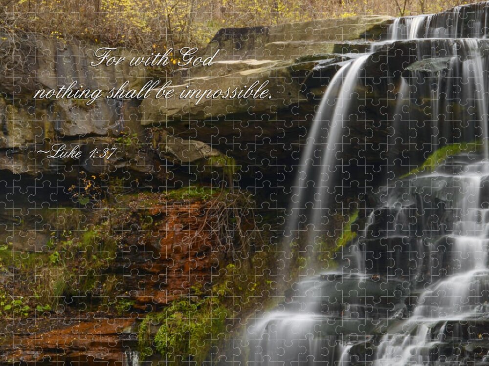 Luke 1:37 Jigsaw Puzzle featuring the photograph Luke Scripture Waterfall by Ann Bridges
