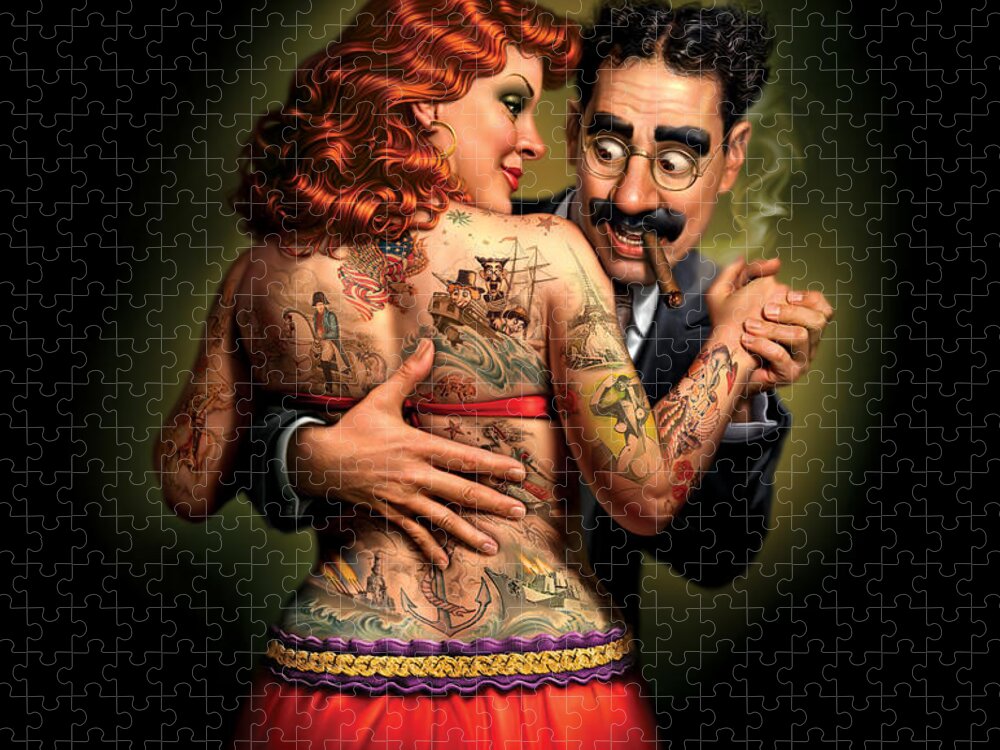 Tattoos Jigsaw Puzzle featuring the painting Lydia the Tattooed Lady by Mark Fredrickson