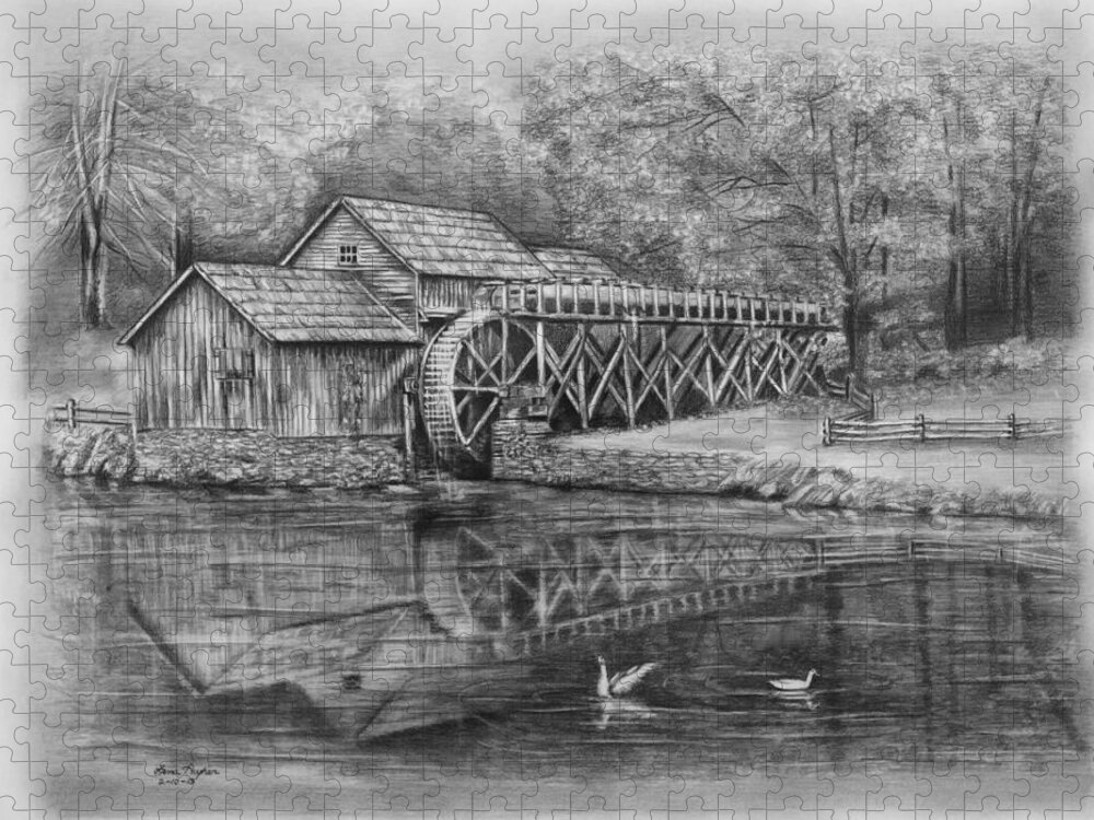 Pencil Jigsaw Puzzle featuring the drawing Mabry Mill Pencil Drawing by Lena Auxier