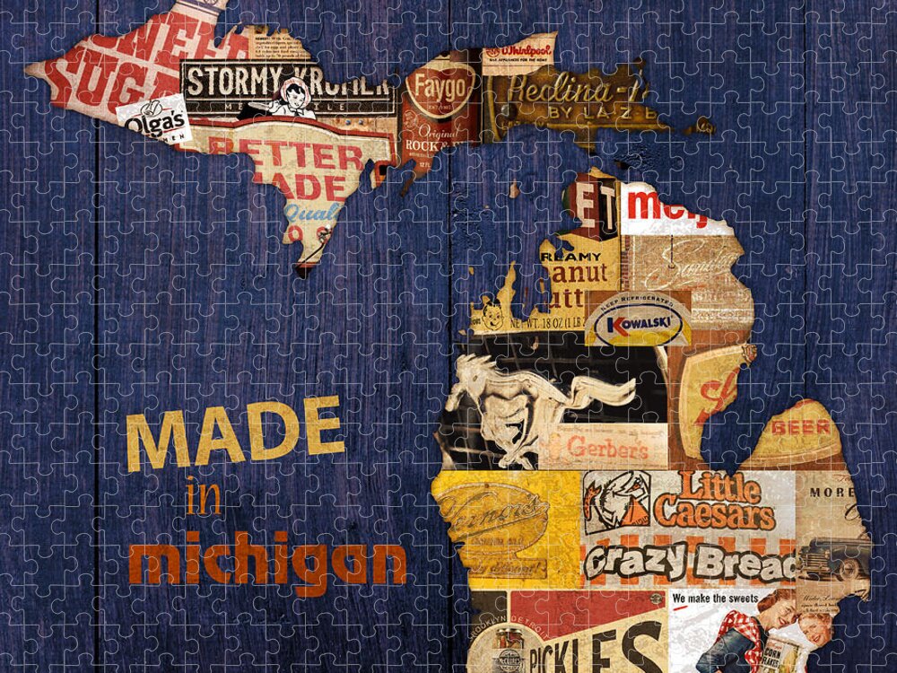 Made In Michigan Products Vintage Map On Wood Kelloggs Better Made Faygo Ford Chevy Gm Little Caesars Strohs Pioneer Sugar Lazy Boy Detroit Lansing Grand Rapids Flint Mustang Meijer Olgas Vernors Gerber Kowalski Sausage Corn Flakes Jigsaw Puzzle featuring the mixed media Made in Michigan Products Vintage Map on Wood by Design Turnpike