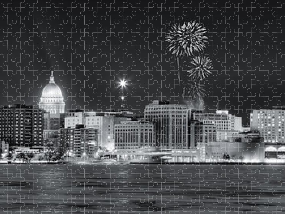 Capitol Jigsaw Puzzle featuring the photograph Madison - Wisconsin - New Years Eve Panorama Black and White by Steven Ralser