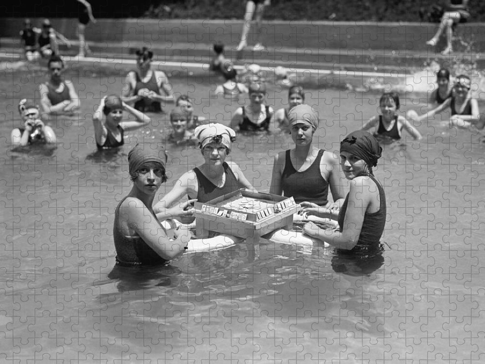 1920s Jigsaw Puzzle featuring the photograph Mahjong In The Pool by Underwood Archives