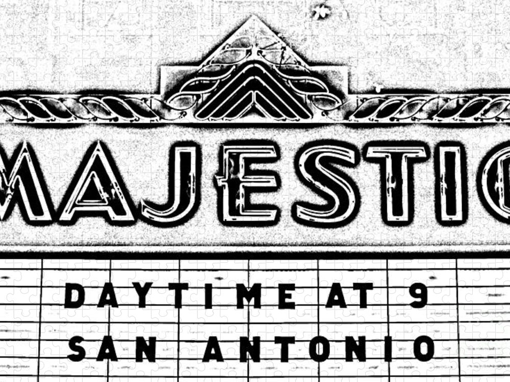 Majestic Jigsaw Puzzle featuring the digital art Majestic Theater Marquee Classic Cinema Americana San Antonio Black and White Digital Art by Shawn O'Brien