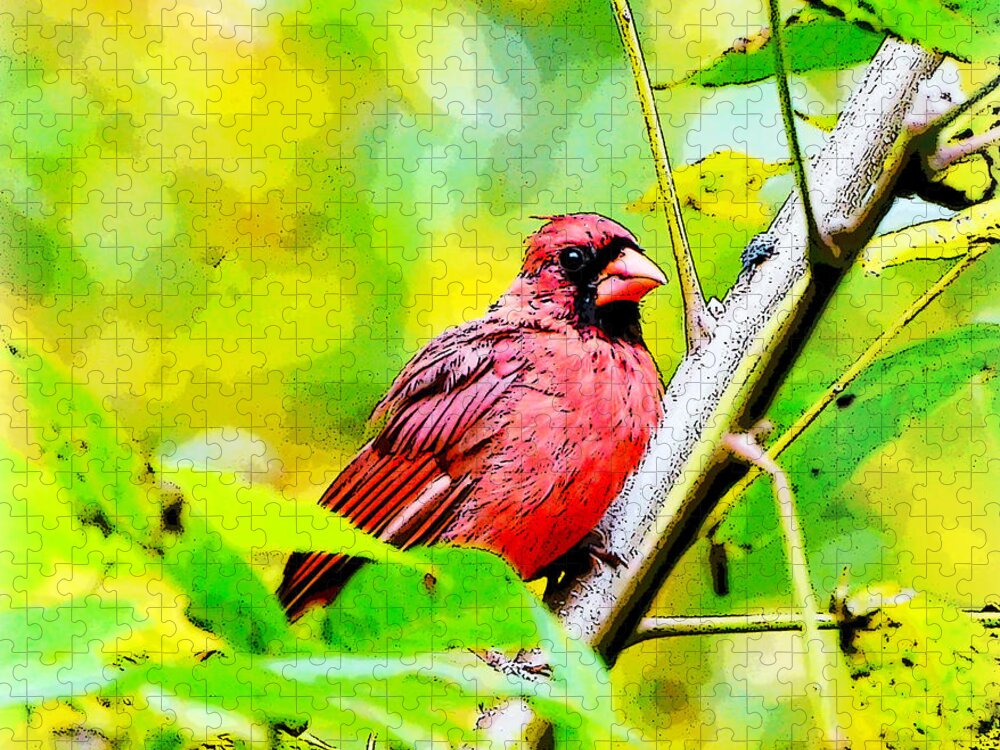 Male Cardinal Jigsaw Puzzle featuring the photograph Male Cardinal - Artsy by Kerri Farley