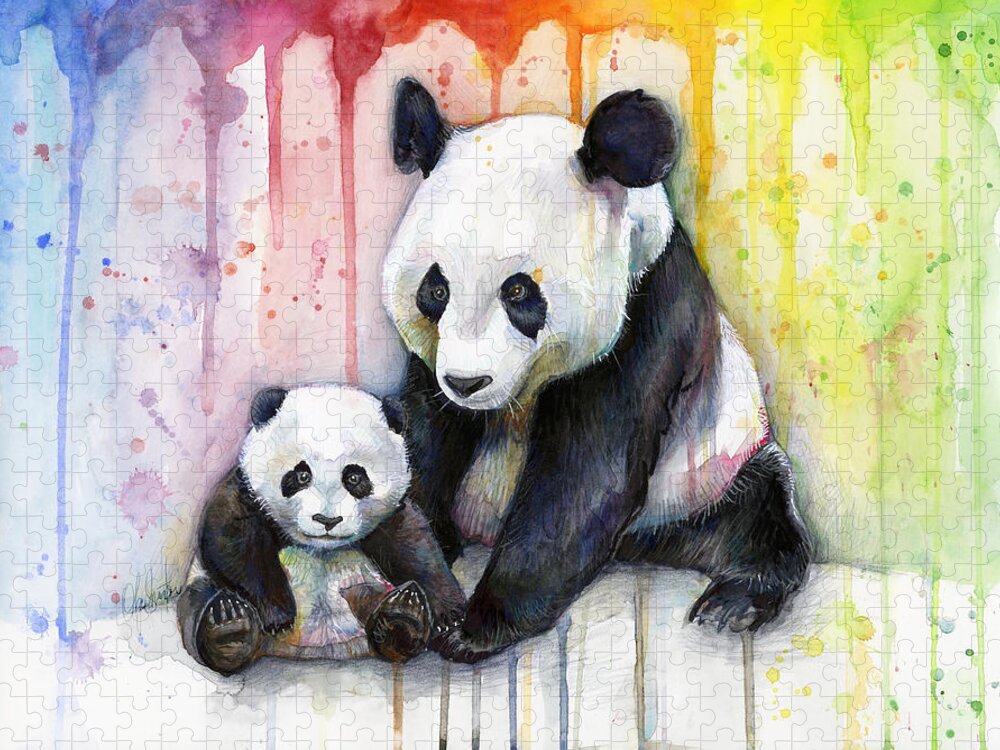 Watercolor Jigsaw Puzzle featuring the painting Panda Watercolor Mom and Baby by Olga Shvartsur