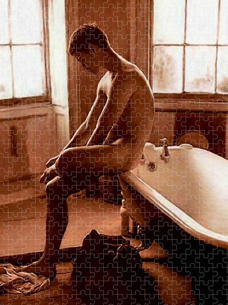 Naked Man Jigsaw Puzzle featuring the painting Man and Bath by Troy Caperton